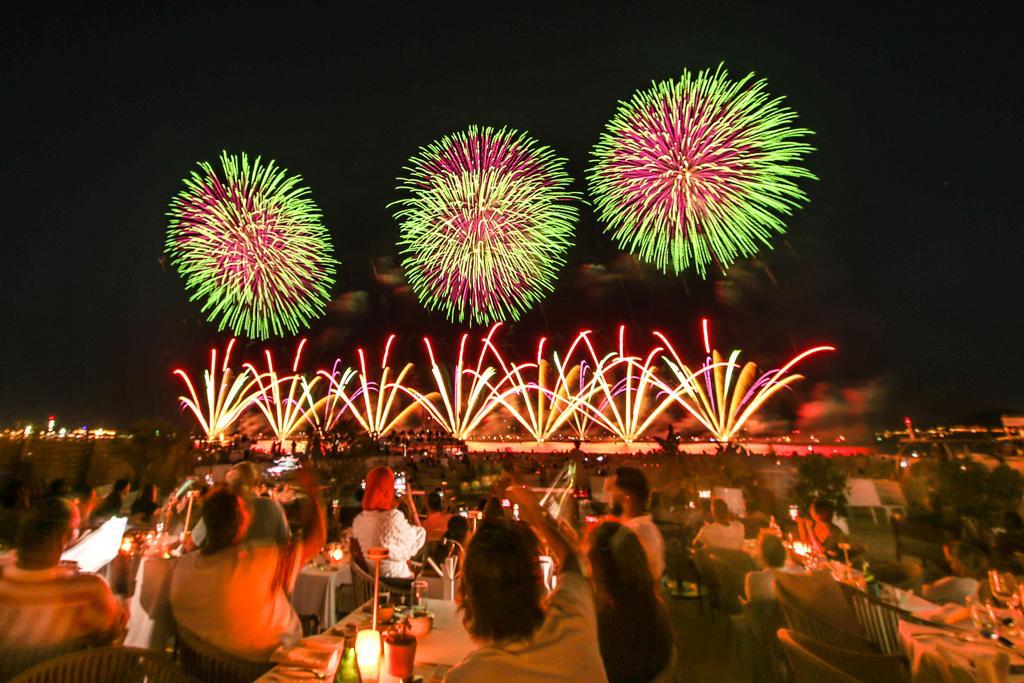 Fireworks at the Pyrotechnics Festival in Cannes lighting up the bay on the French Riviera