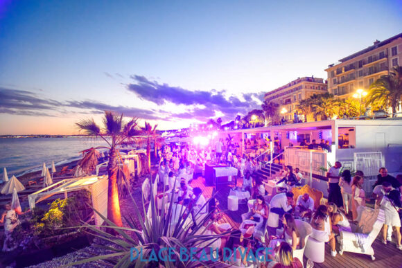 Outdoor party spot at Beau Rivage beach in Nice during a summer night on the French Riviera