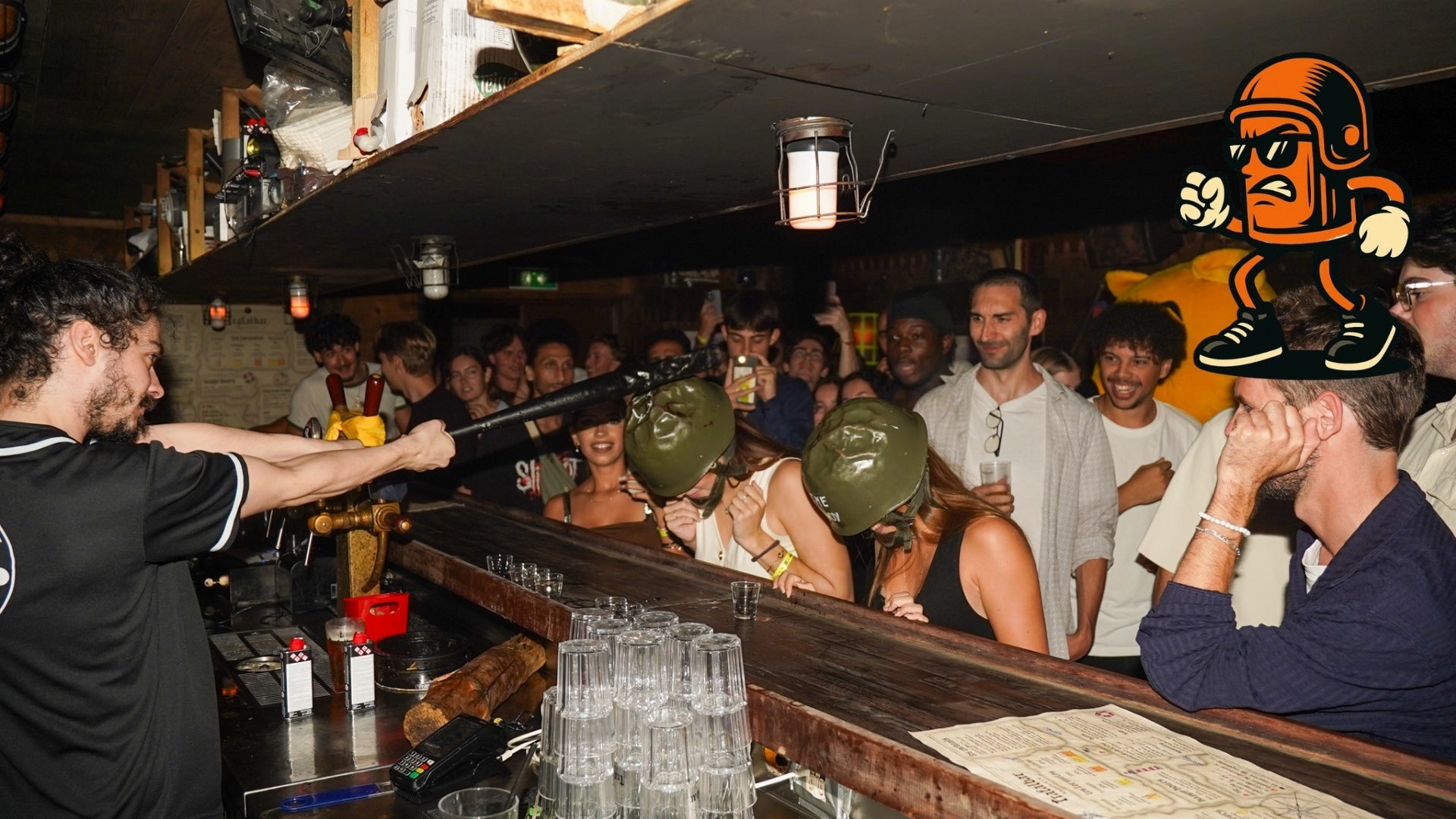 Group of travelers enjoying a Nice Bar Crawl Orange night out with drinks bars and a festive social atmosphere