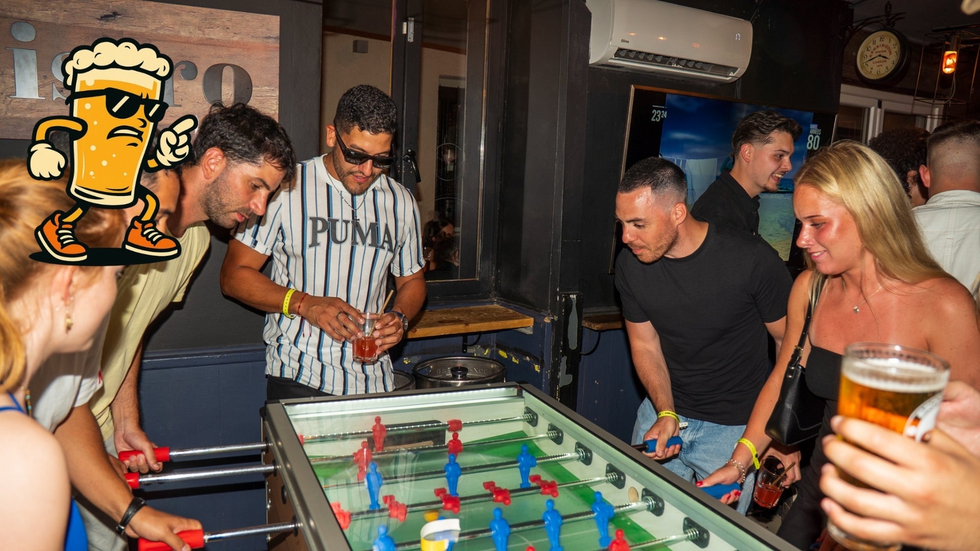 Group of travelers enjoying a Nice Pub Crawl night out with drinks bars and a lively social atmosphere